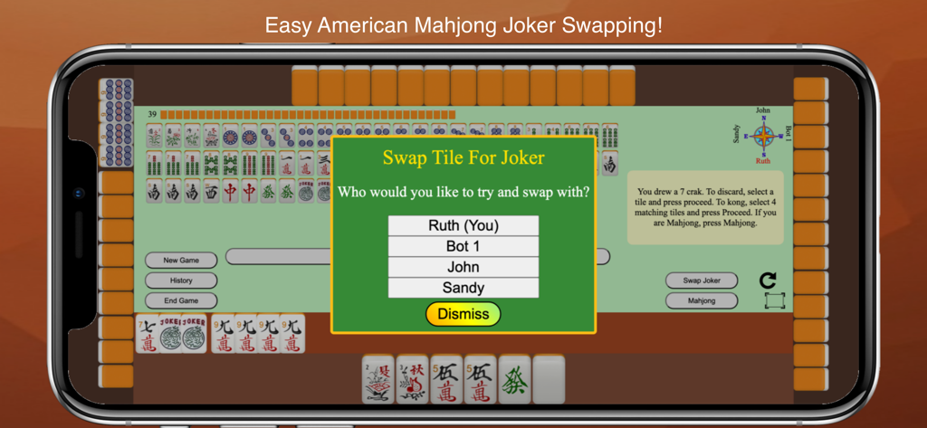 A gameplay screen of Mahjong 4 Friends showing a popup menu to swap a tile for a joker