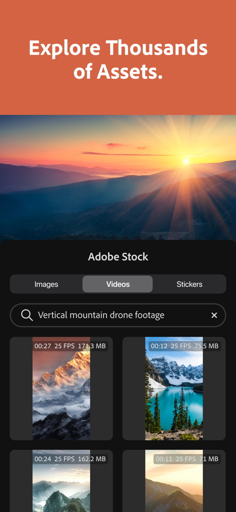 Interfaz de la aplicación Adobe Premiere mostrando la biblioteca de recursos de Adobe Stock con una búsqueda de metraje vertical de drones de montañas