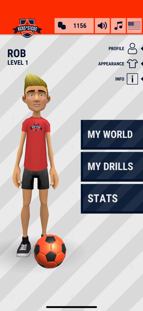 Pantalla de perfil de usuario en la aplicación Smart Ball Football con un avatar de futbolista 3D y opciones de menú