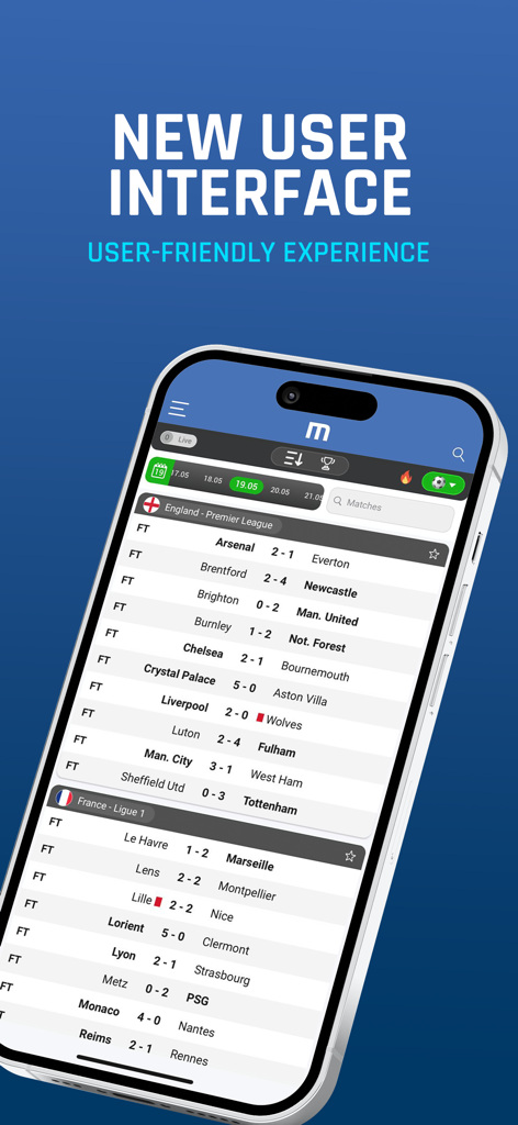Neue Benutzeroberfläche der M Scores App mit Live-Fußballergebnissen aus der Premier League und Ligue 1