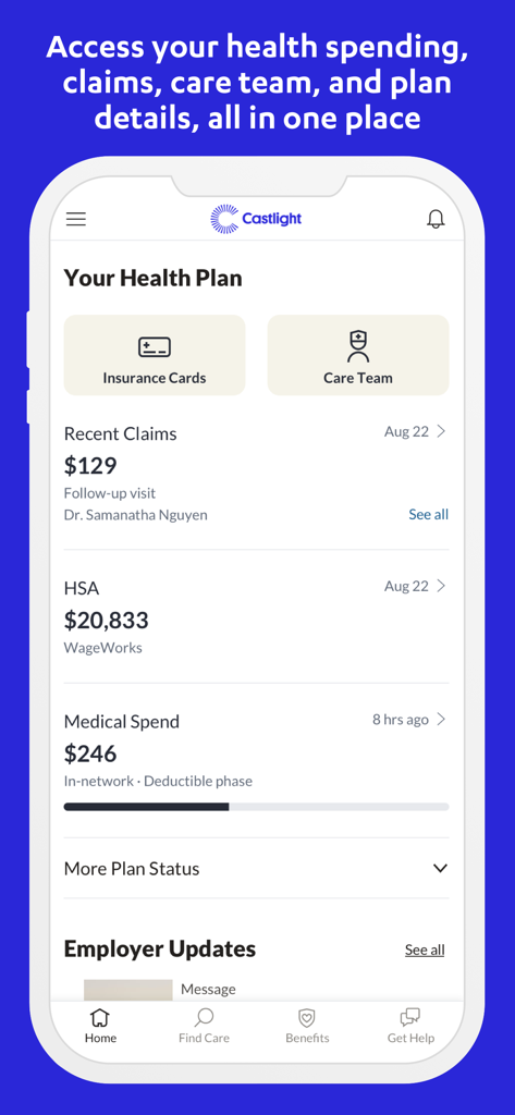 Castlight Mobile - Castlight Mobile app interface displaying a personal health plan dashboard with sections for insurance cards, care team, recent claims, and HSA balance