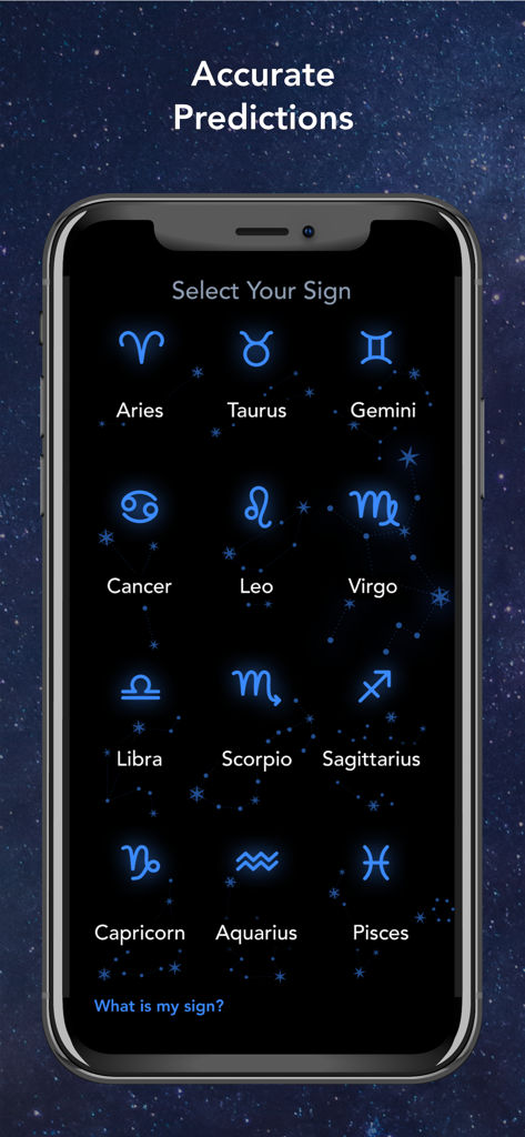Bildschirmauswahl für Sternzeichen in der Astrology Zone App mit blauen, leuchtenden Symbolen für alle zwölf Zeichen.