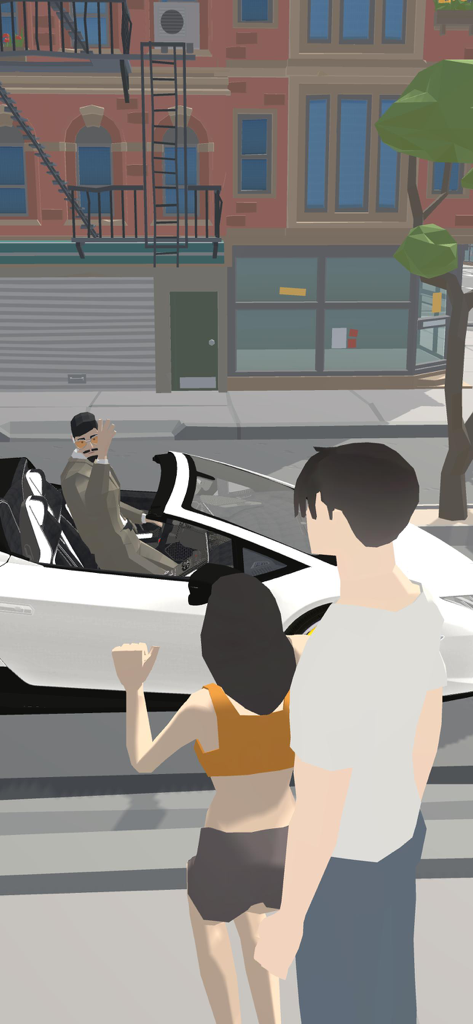 A character waving from a white sports car in the 100 Years life simulation game