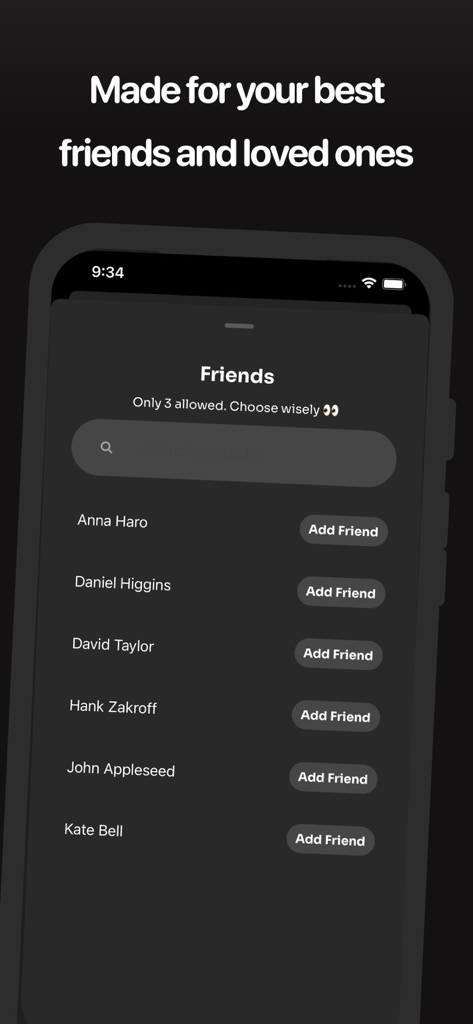 Comet: Live Friends Widget - Interface do aplicativo Comet para selecionar até três melhores amigos para atualizações de widgets em tempo real