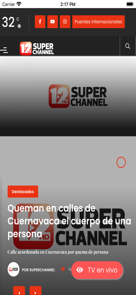 Super Channel 12 - Mobile interface of Super Channel 12 news app with featured articles and live TV button