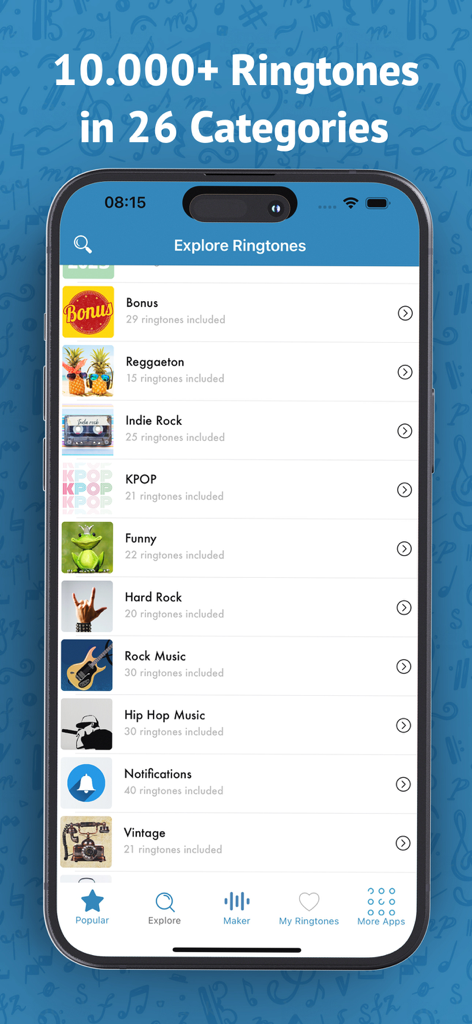 A list of over 26 ringtone categories including KPOP Rock and Hip Hop in the iPhone app