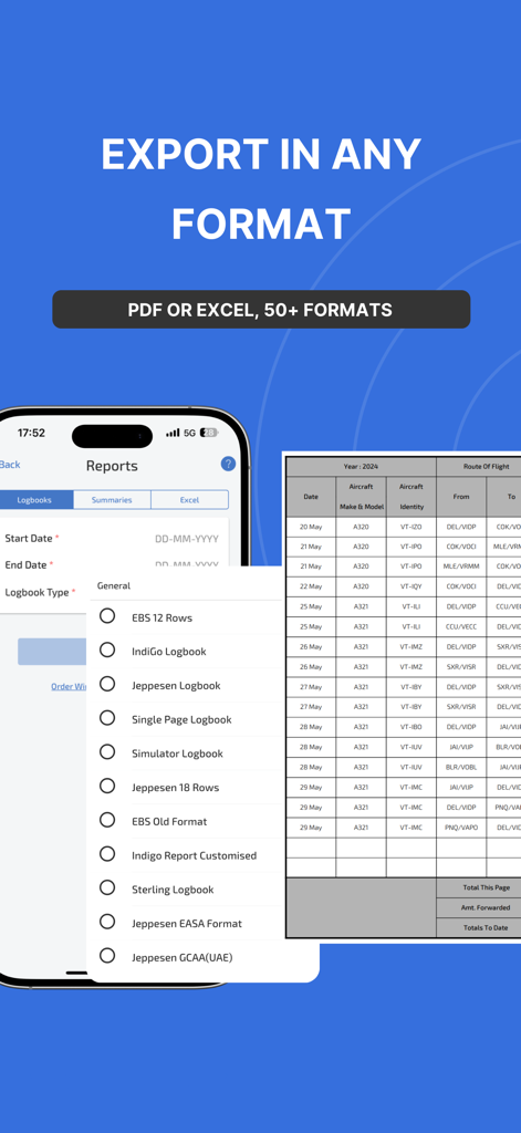 Wingman Pilot Logbook - Wingman Pilot Logbook interface displaying export options for PDF and Excel reports in over 50 formats.