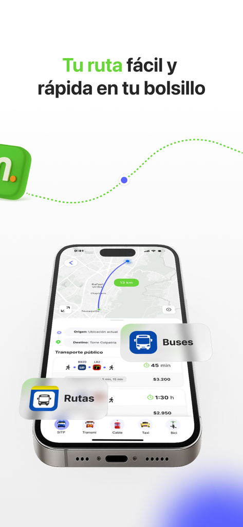 iPhone上のMaasアプリ。ボゴタのルートマップと公共交通機関のオプションを表示しています。