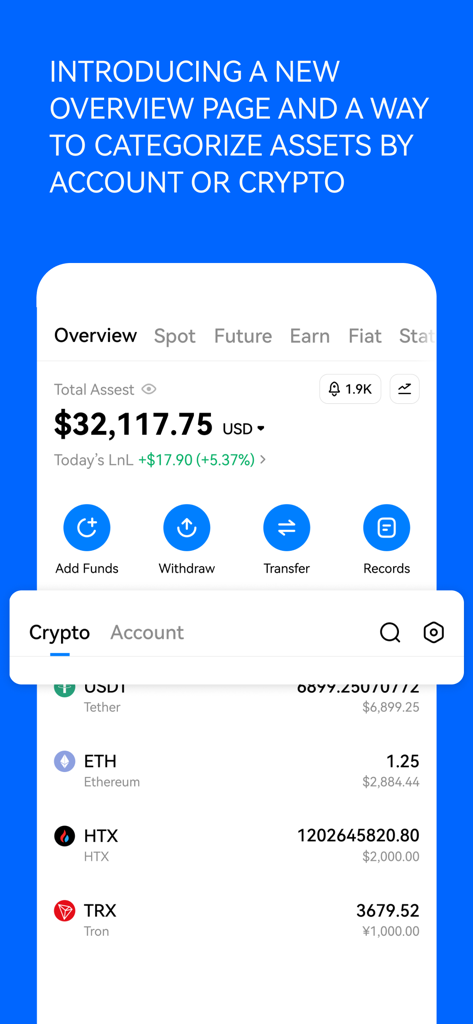 Interfaz de la aplicación móvil de HTX que muestra una vista general de los activos totales en USD con una lista de criptomonedas que incluye Ethereum y Tron.