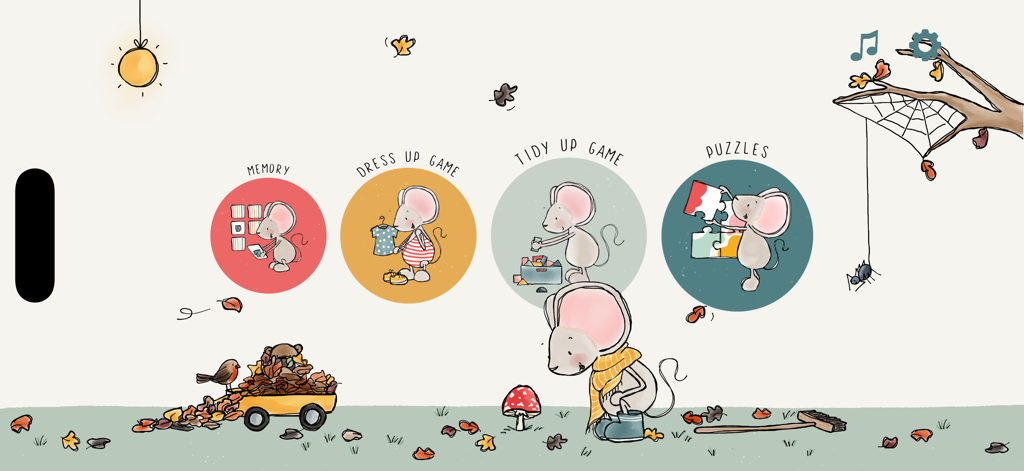 Autumn themed home screen of the Little Mouse educational app featuring game icons for memory, dressing up, tidying up, and puzzles