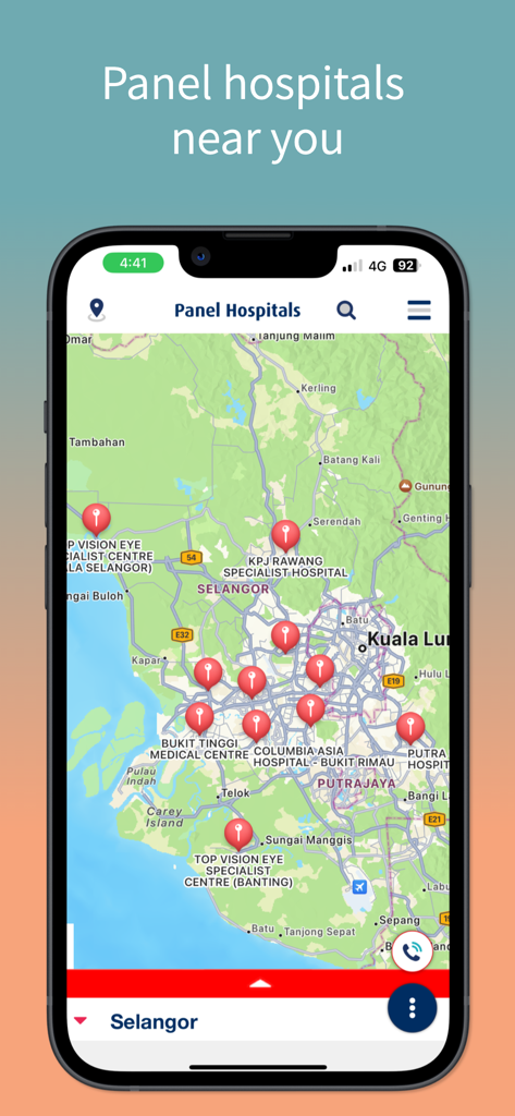 HLA360° app by HLA - HLA360 app screen displaying a map with nearby panel hospital locations
