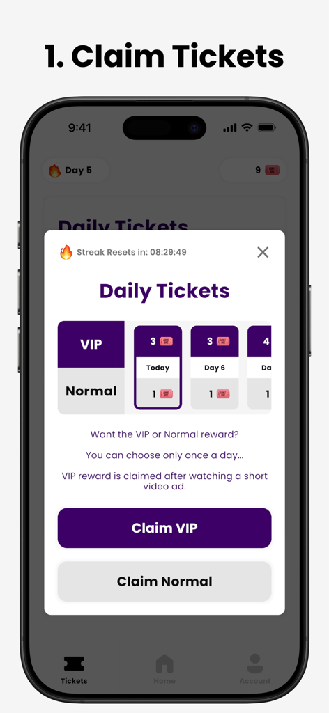 Lotely: Daily Giveaways - A mobile app interface for claiming daily giveaway tickets with VIP and normal options