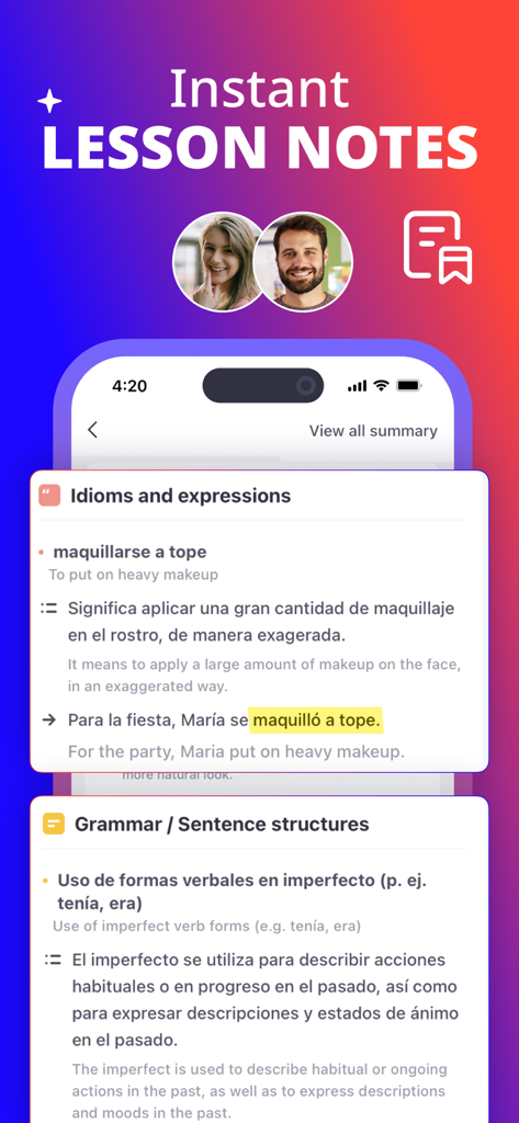 Schnittstelle der mobilen App mit den Instant-Lektionsnotizen von italki für spanische Redewendungen und Grammatikstrukturen.