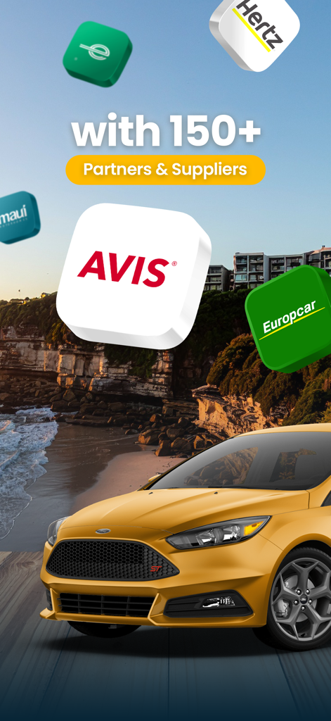 Imoova - Tela do aplicativo Imoova mostrando parceria com mais de 150 fornecedores como Avis e Hertz com um carro amarelo na costa