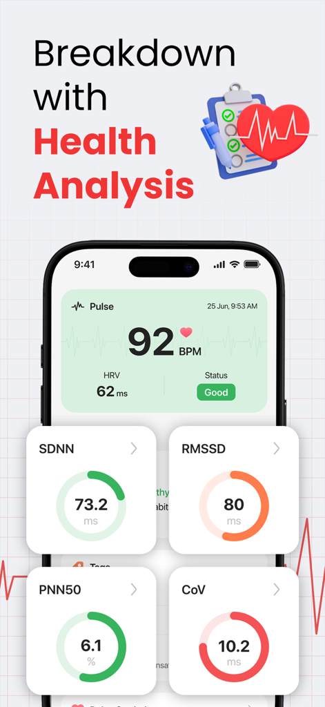 iHealthy: Health Partners - iHealthy app mostrando el desglose del pulso y la variabilidad de la frecuencia cardíaca.