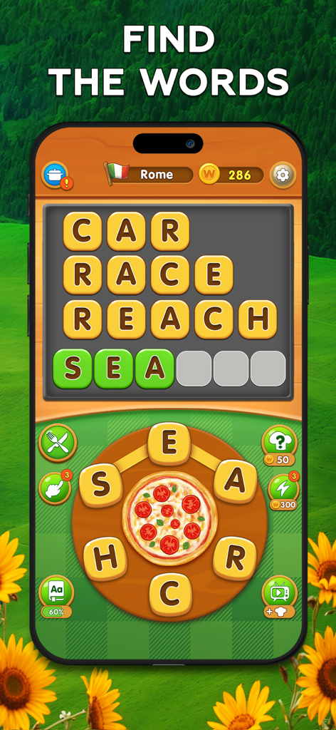 Gameplay screenshot of Word Pizza showing a word search puzzle with letters around a pizza and a travel theme in Rome