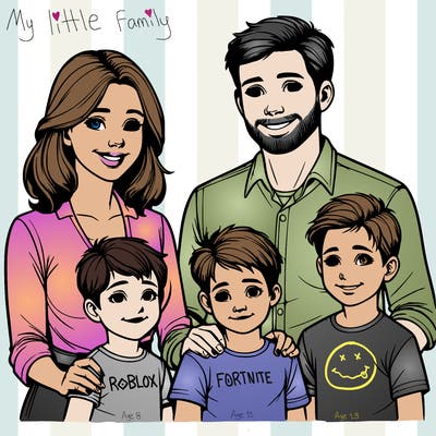 realistic, mom and dad with three sons, oldest, middle, youngest