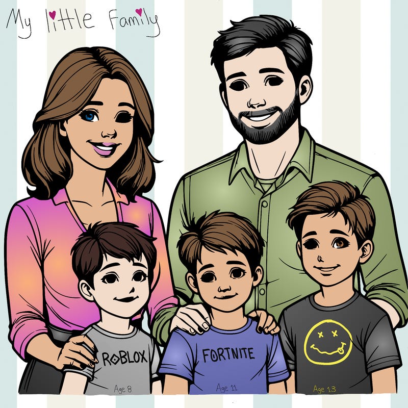 realistic, mom and dad with three sons, oldest, middle, youngest