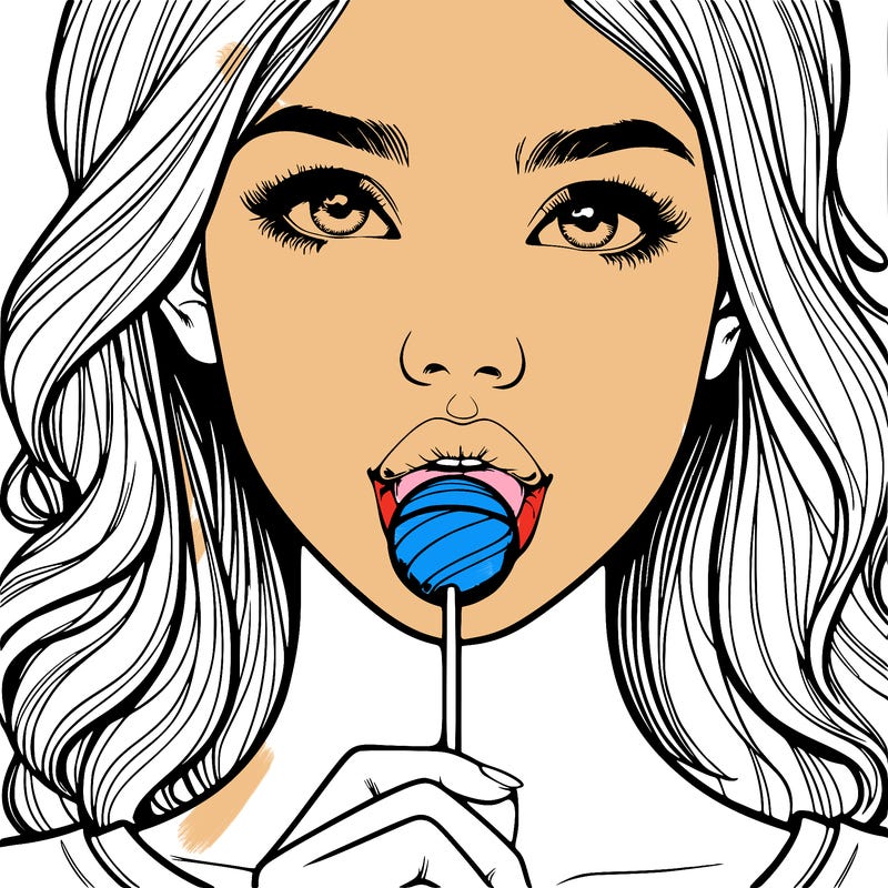 a realistic girl with a lollipop in her mouth