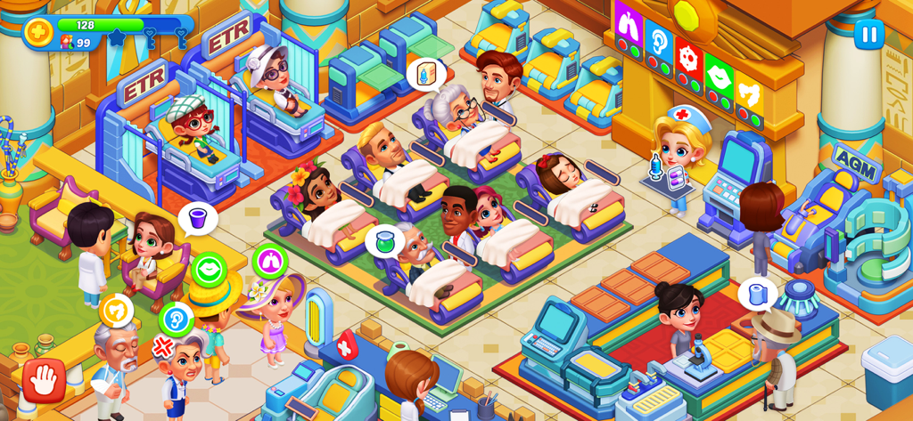 Hospital Madness: Clinic Games - Gameplay screenshot of a busy hospital ward with an Ancient Egypt theme featuring patients and medical staff