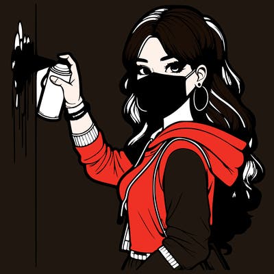 realistic girl with mask spray painting a wall