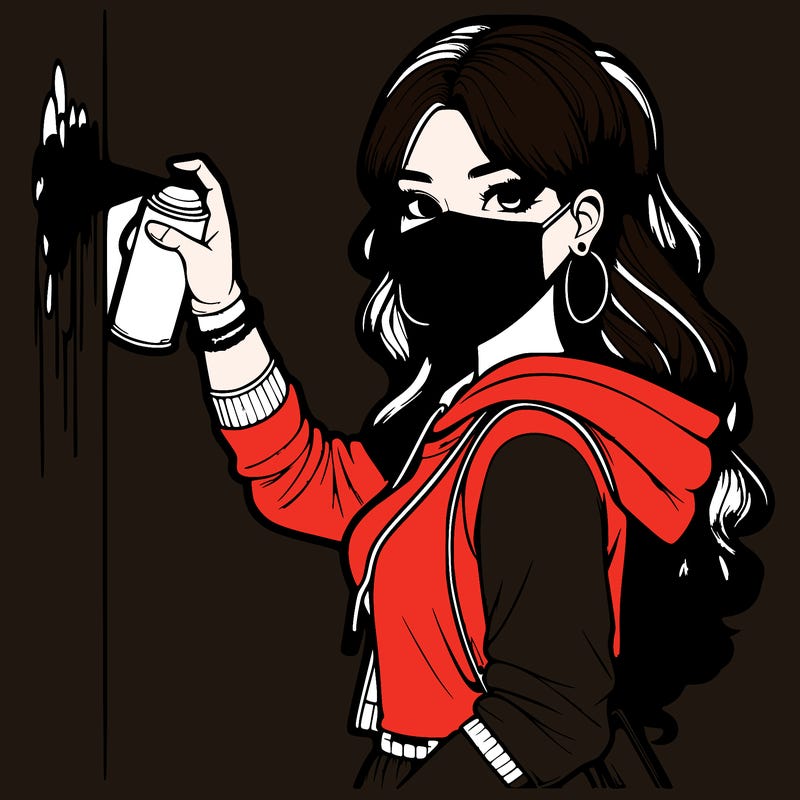 realistic girl with mask spray painting a wall