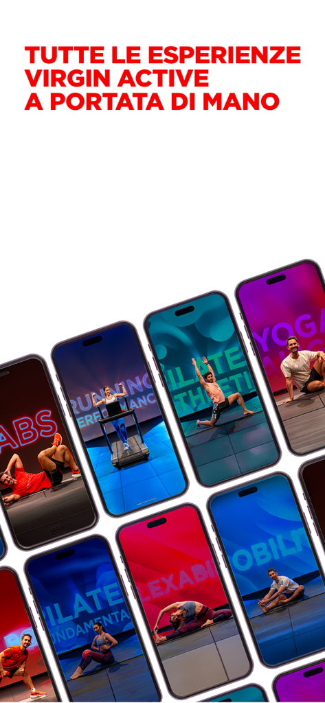 Mehrere Smartphone-Bildschirme, die verschiedene Fitnesskurse von der Virgin Active Revolution App zeigen