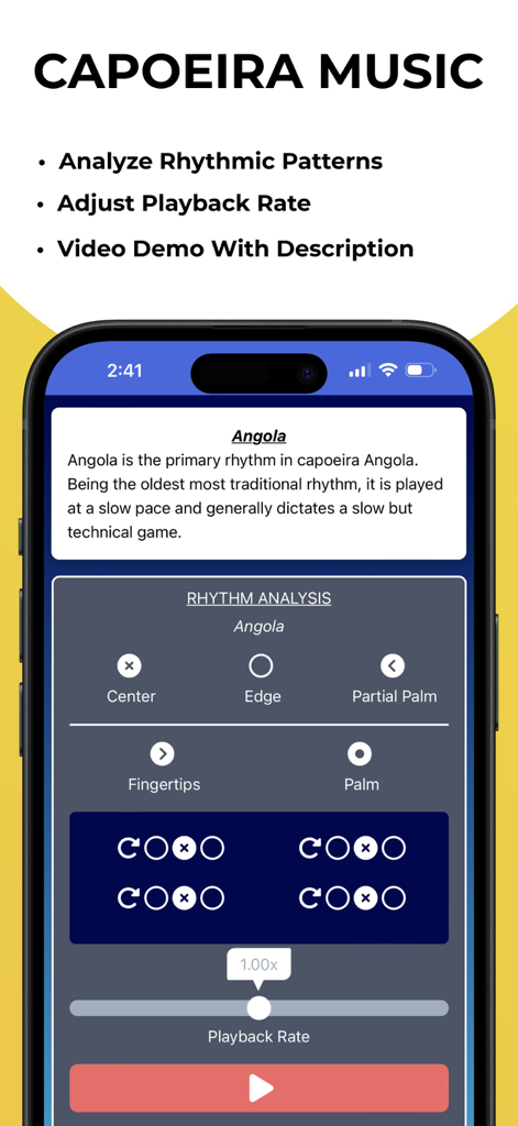 Capoeira Journal - Capoeira Journal app screen showing rhythm analysis for the Angola pattern with playback controls