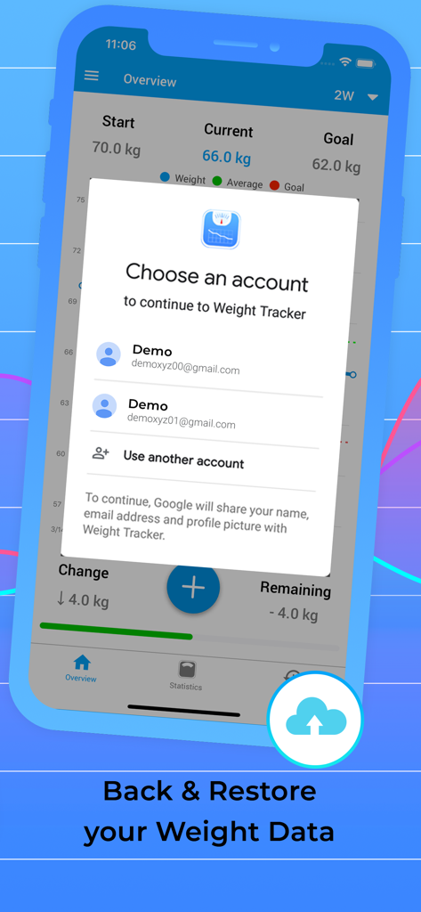 체중 데이터 백업 및 복원을 위한 Google 로그인 화면을 보여주는 체중 추적기 앱