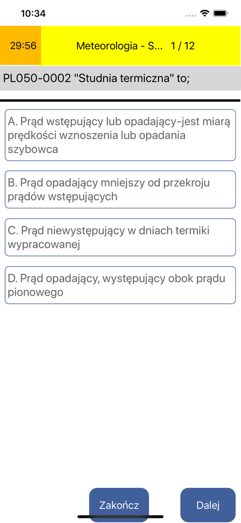 Meteorology exam question interface in the Egzamin ULC SPL app