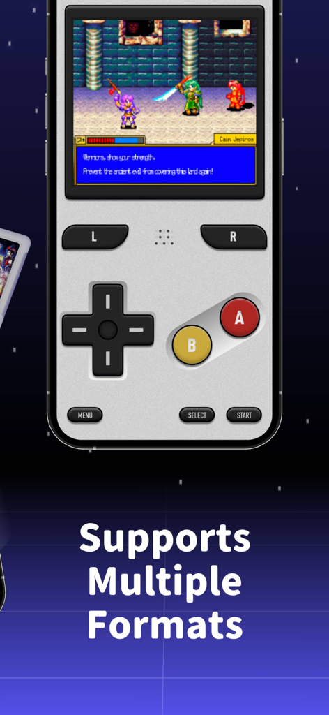 Game Emulator - RePlay - Interface de console portable de l'application Game Emulator RePlay montrant un jeu rétro et le texte Prend en charge plusieurs formats.