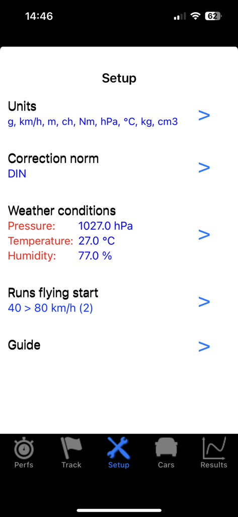 Setup screen of the PerfectPower app showing measurement units and weather conditions for automotive performance testing