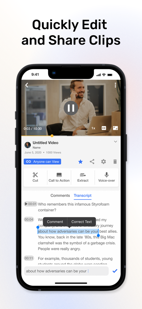 Visla - A mobile smartphone displaying the Visla app interface with video editing tools and a transcript for text-based editing.