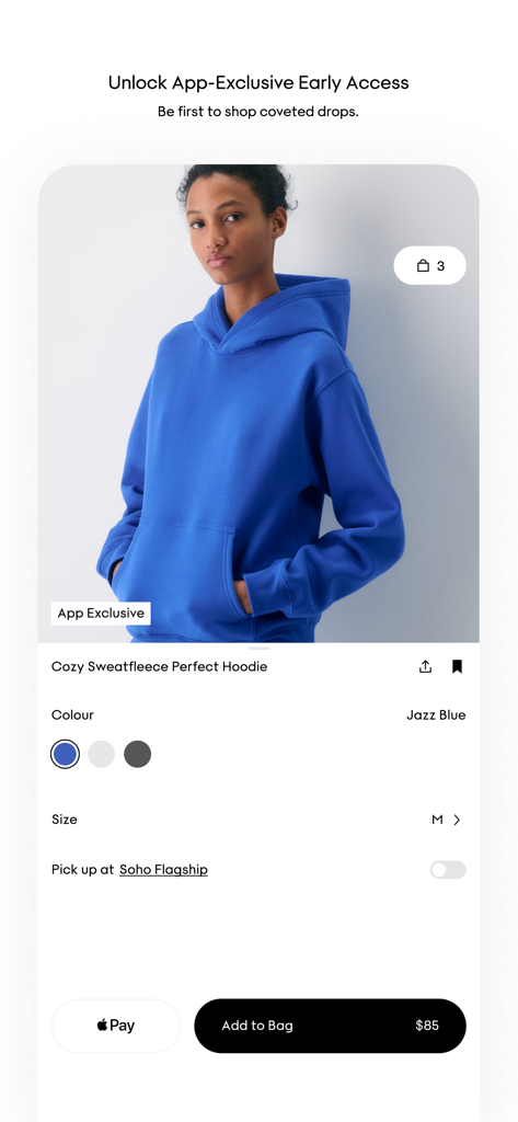 Aritzia - Página de producto de la app Aritzia que muestra acceso anticipado para una sudadera azul con opciones de agregar al carrito y Apple Pay