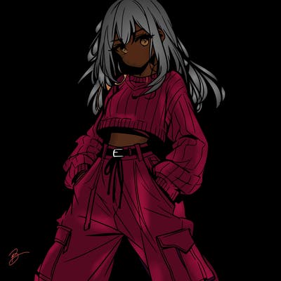 anime teen girl with baggy pants and crop top with sweater