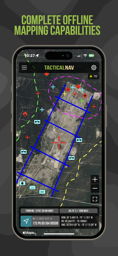 Tactical NAV app interface showing offline satellite mapping with military grid coordinates and tactical overlays
