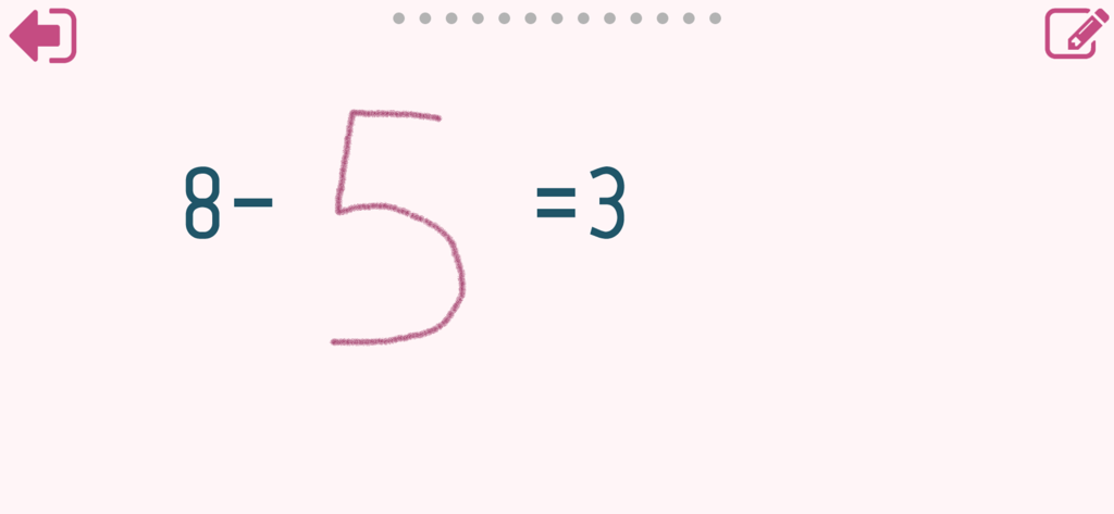 Math Shot Add and Subtract 20 - Handschriftliche Matheantwort fünf für die Subtraktionsaufgabe acht minus fünf gleich drei