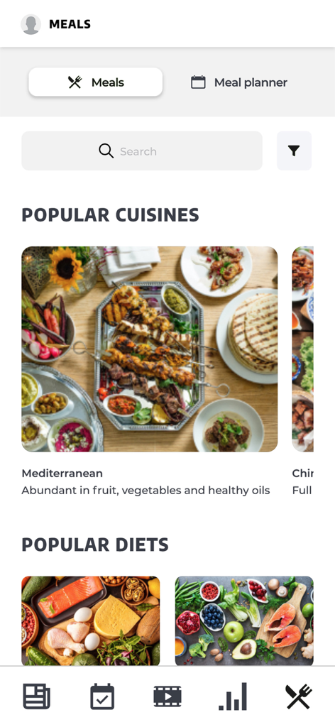 Warehouse fitness - Schermata dell'app Warehouse Fitness che mostra il pianificatore dei pasti e cucine popolari come la dieta mediterranea