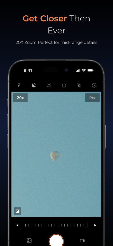 UltraCam 200x Zoom Telephoto - UltraCam app interface showing 20x zoom on a hot air balloon