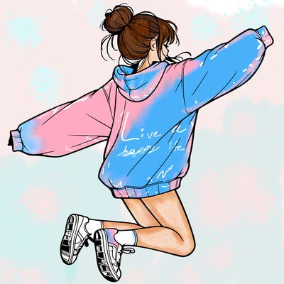 realistic girl jumping with a bun and oversized sweatshirt
