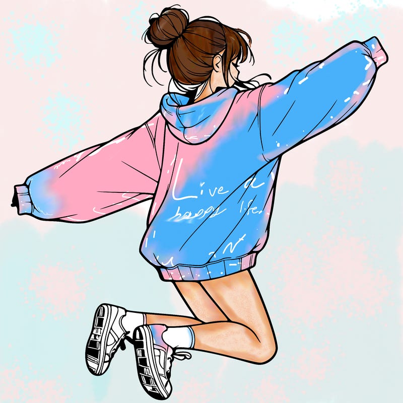 realistic girl jumping with a bun and oversized sweatshirt