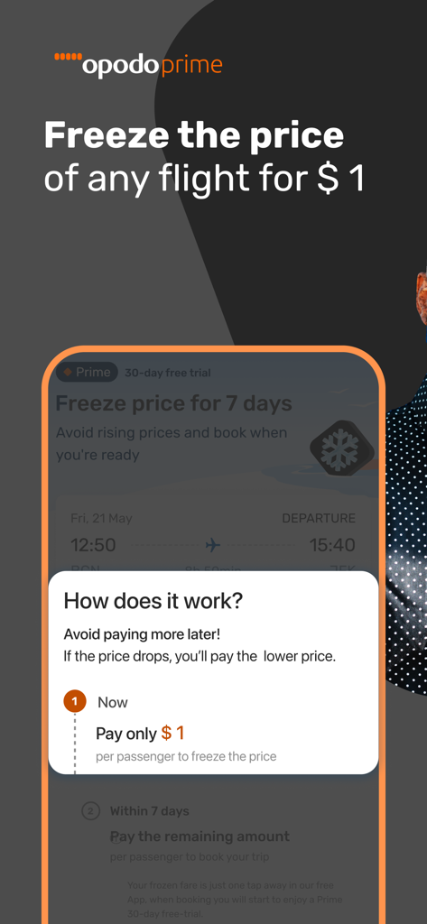 Opodo: Flights, hotels, cars - Interfaz de la aplicación Opodo que muestra la opción de congelar el precio de un vuelo por un dólar