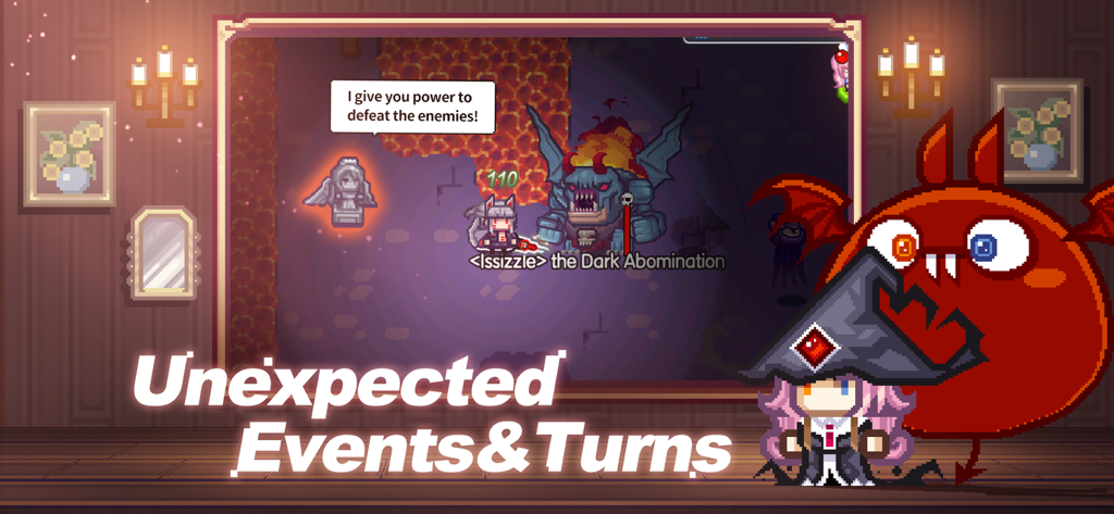 Elona Mobile - Pixel art RPG gameplay from Elona Mobile featuring a dungeon boss fight and the text Unexpected Events and Turns.