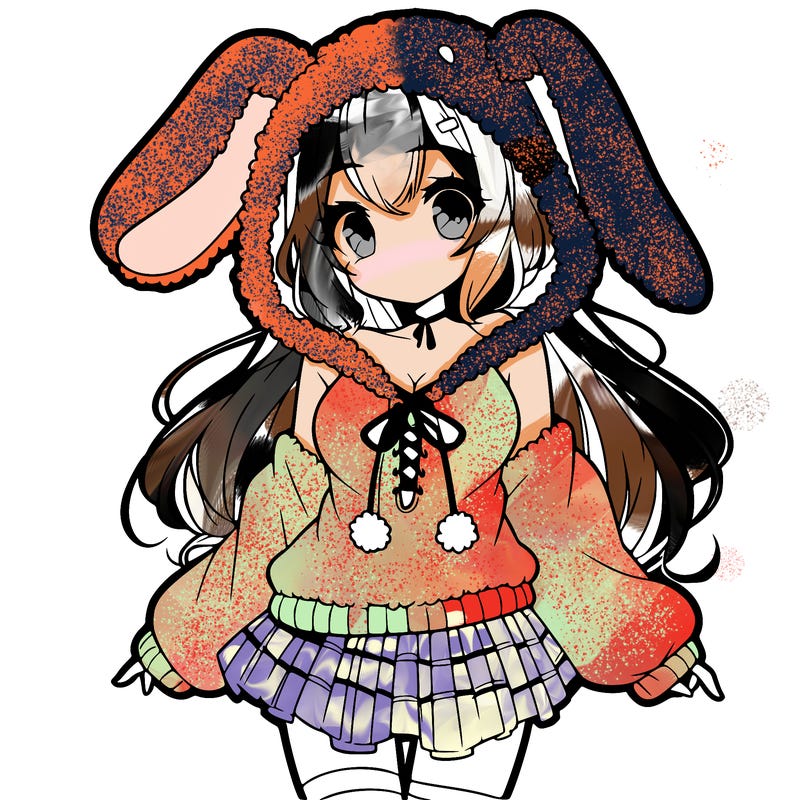 pretty anime girl wearing a fluffy hoodie with bunny ears on the hood and a skirt