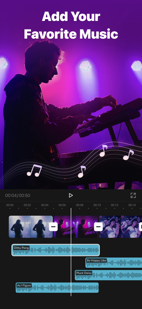 FotoPlay - Video Editor - FotoPlay 앱 인터페이스. '나만의 좋아하는 음악 추가'라는 제목으로 멀티트랙 오디오 편집을 보여줍니다.