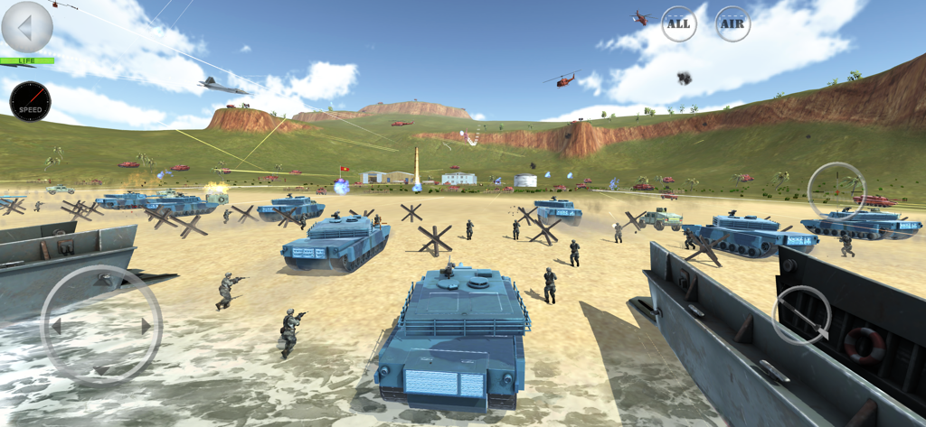 Battle 3D - Strategy game - Military tanks and soldiers during a beach landing mission in Battle 3D strategy game
