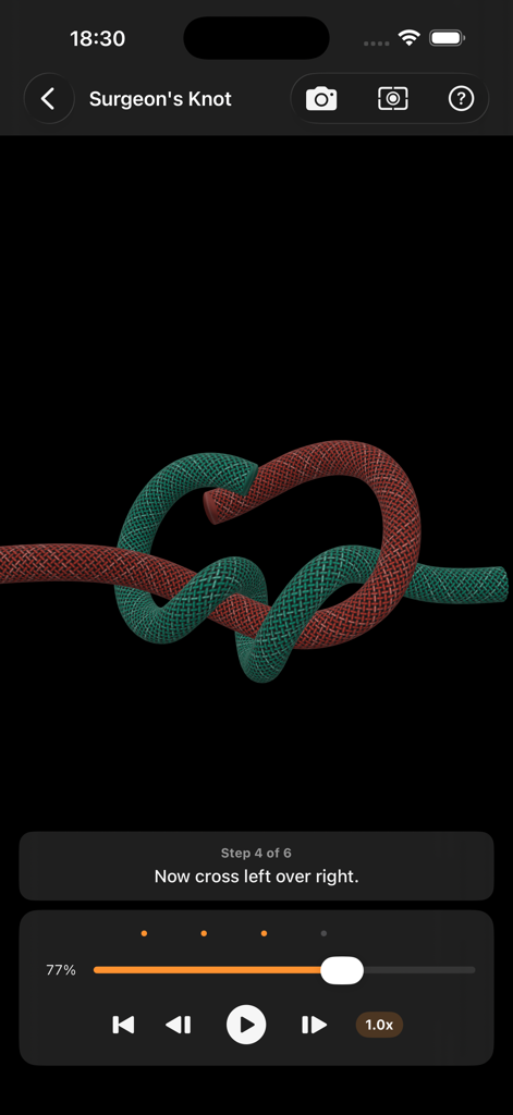 Maritime Master - Knots - Animación interactiva en 3D de un nudo de cirujano (Surgeon's Knot) con instrucciones paso a paso para atarlo en la aplicación Maritime Master.