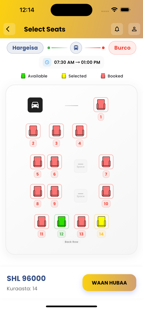 Interface de seleção de assentos do aplicativo Sahal Transport para uma viagem de ônibus de Hargeisa para Burco, mostrando assentos disponíveis, selecionados e reservados.