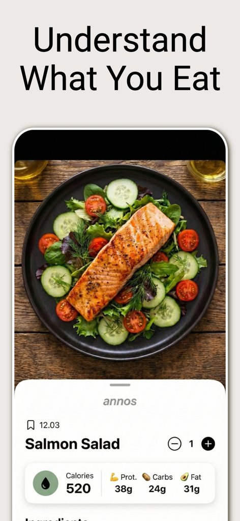 annos - calorie counter - Interfaccia dell'app Annos che mostra calorie e macro per un'insalata di salmone