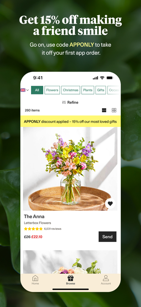 Bloom and Wild app interface showing a colorful flower bouquet and a fifteen percent discount promotion